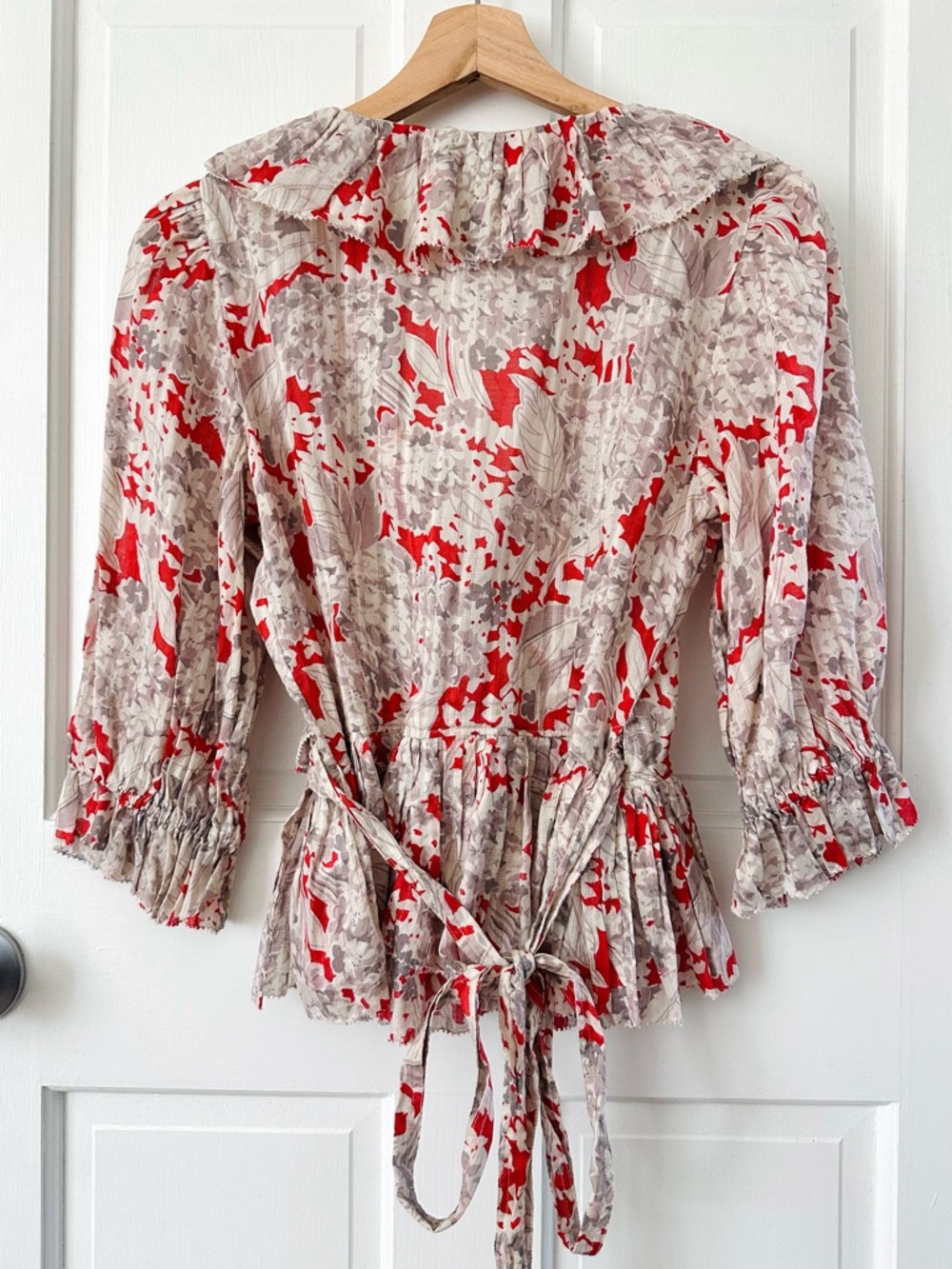 POLO RALPH LAUREN Evee Ruffled Floral Cotton Voile Wrap Top Red Gray Size S - Picture 7 of 14